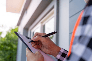 An apartment manager or maintenance person inspects a building exterior and writes findings on a clipboard checklist.